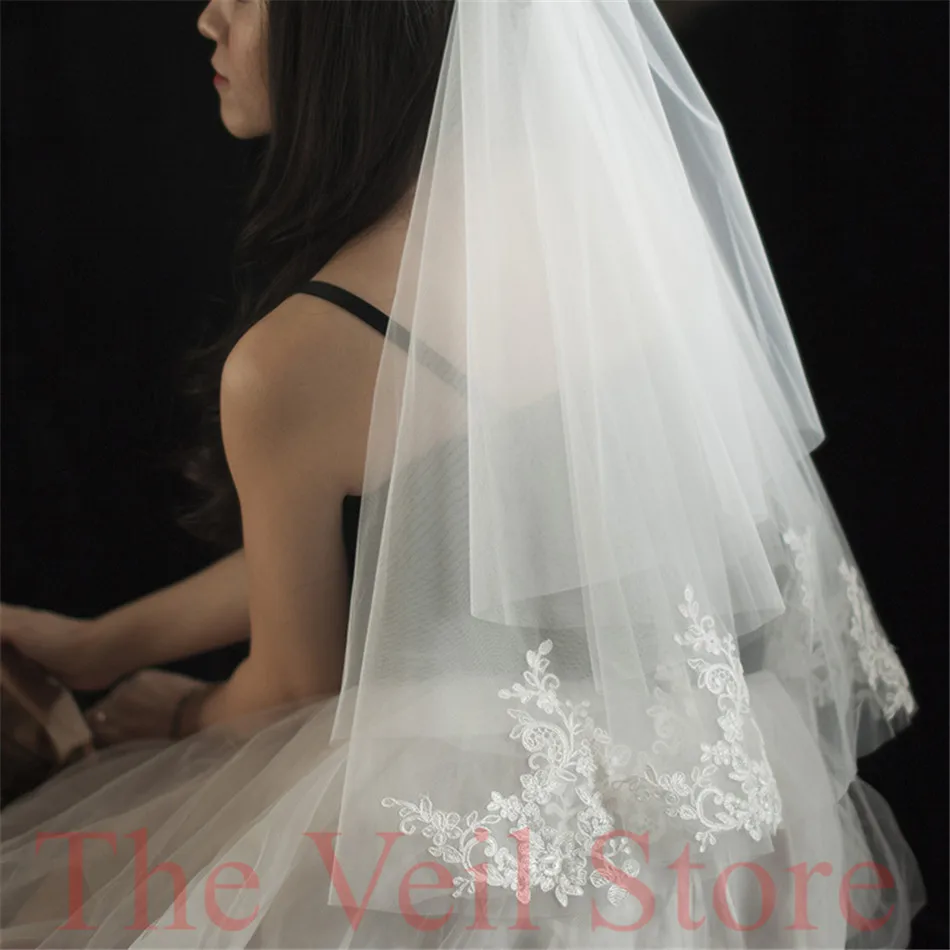 New ISHSY Short Bridal Veil weeding Veils white Ivory Tulle with comb Blusher Appliques Voiles Mariage velos de novia | Свадьбы и
