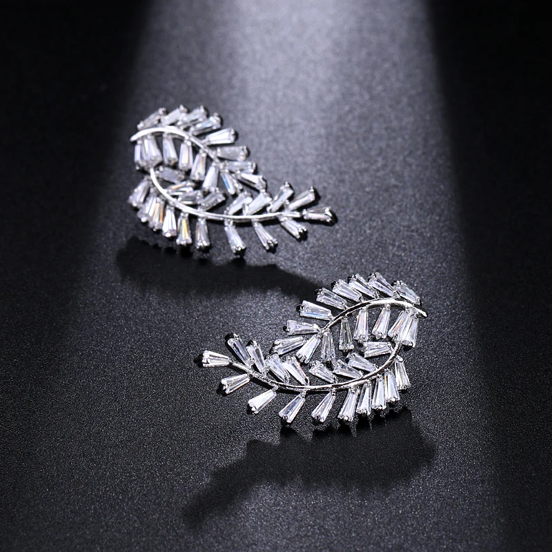 Emmaya Luxury Two Feather Leaf Climber Stud Earrings AAA Cubic Zirconia For Women Girls Wedding Party Gifts Jewelry | Украшения и