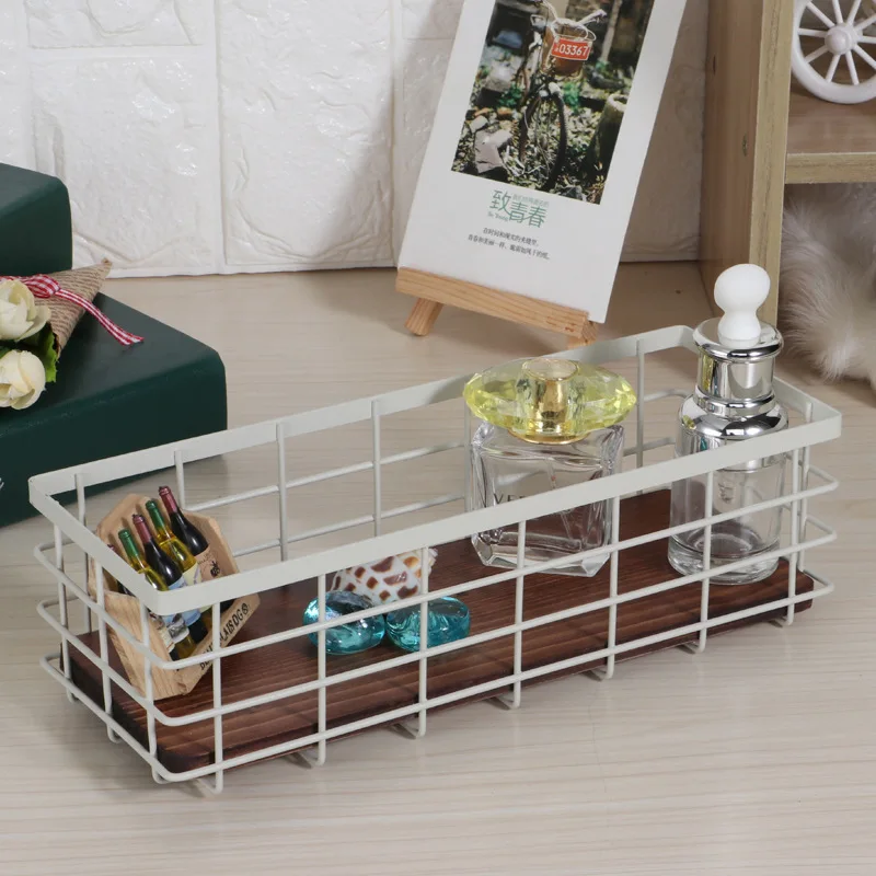 Wrought Iron Storage Basket Desktop Finishing with Wooden Plant Flower | Дом и сад