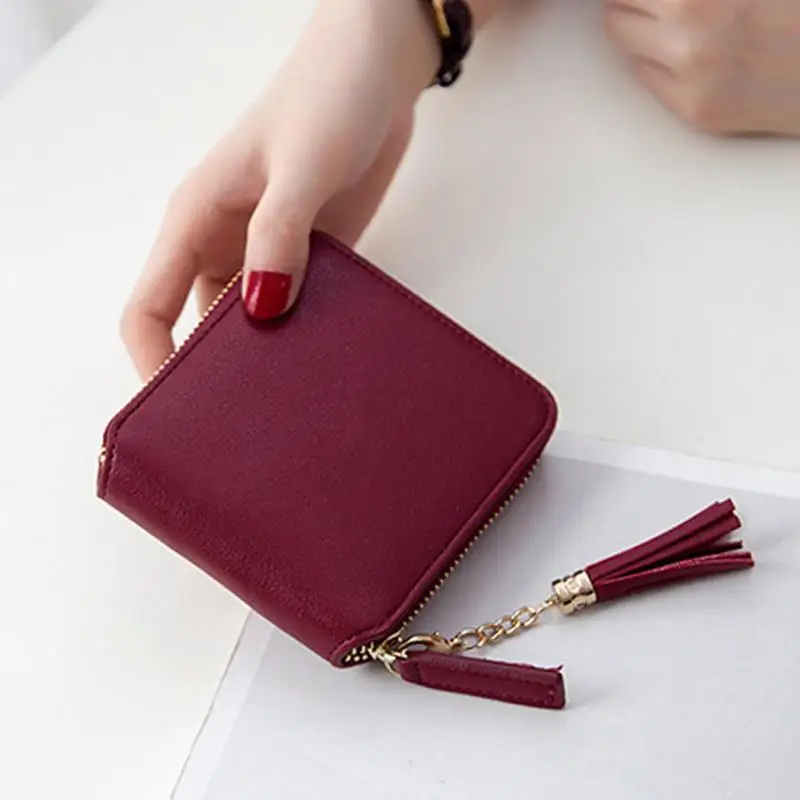 Burgundy Новые повседневные Кошельки для монет Carteira Кошелек большой емкости женский кожаный кулон кисточка кошельки для денег Portefeuille Femme клатч - Color: Burgundy