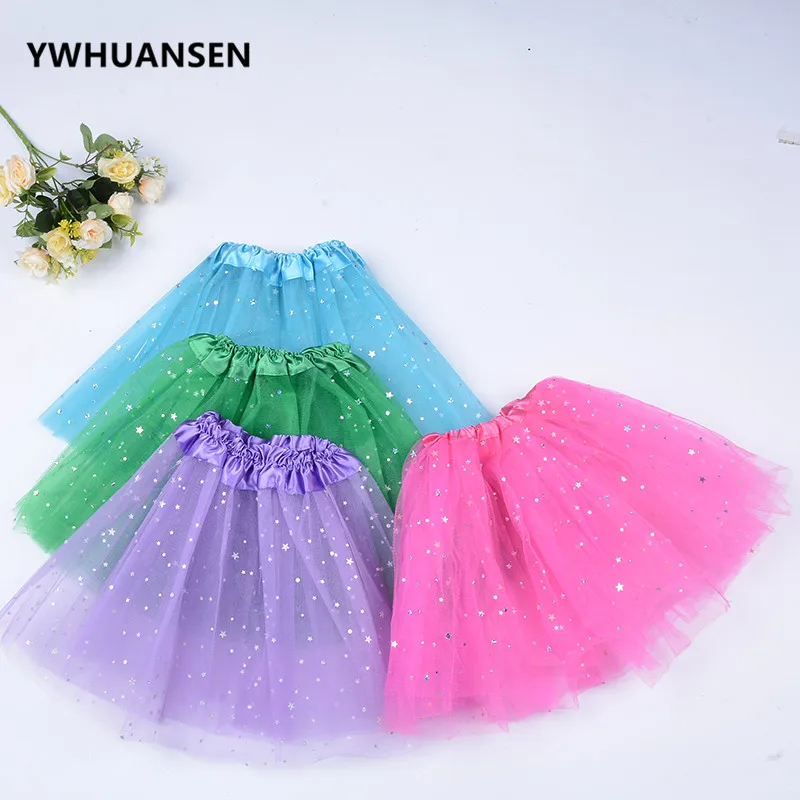 YWHUANSEN Star Sequin Glitter Summer Toddler Skirts of Tulle for Girls Kids Saia Tutu Menina Pink Carnival Costumes for Children