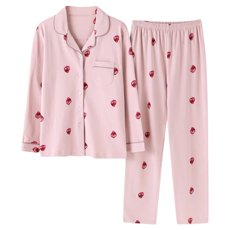 

BZEL Women Pyjamas Sets Cotton Pajamas Long Sleeve Sleepwear Suit Female Cartoon Strawberry Pijama Mujer At All Seasons M-3XL