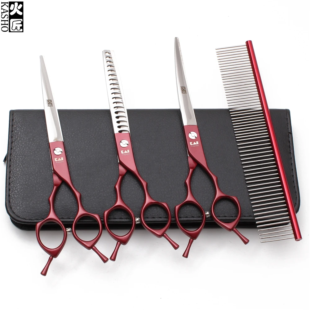 4Pcs Suit 6.5&quot JP 440C Kasho Comb+Straight+Thinning Shears+Up Curved Shears Professional Grooming Scissors Pet Set H3009 | Красота и