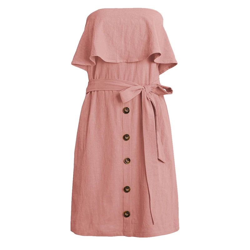 2019 Summer Womens Strapless Dress Fashion Ruffles with Sashes Vestidos Buttons Female Cotton Linen Sleeveless Ladies Mini | Женская