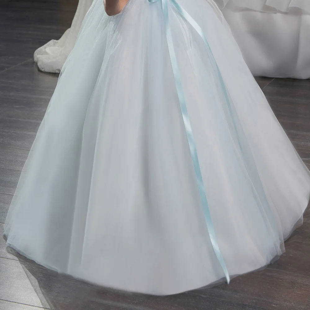 Glitz Elegant Light Blue Flower Girl Short Sleeves Pageant Dress Kids Ball Gowns Teen Lace Appliques First Communion Party | Детская