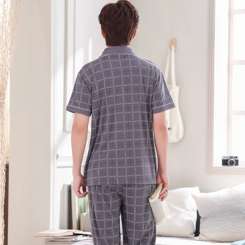 

Men Pajamas Summer Cotton Striped Men Pajama Set Short Tops+Long Pants Pijamas Turn-down Collar Plus Size Lounge Mens Sleepwear
