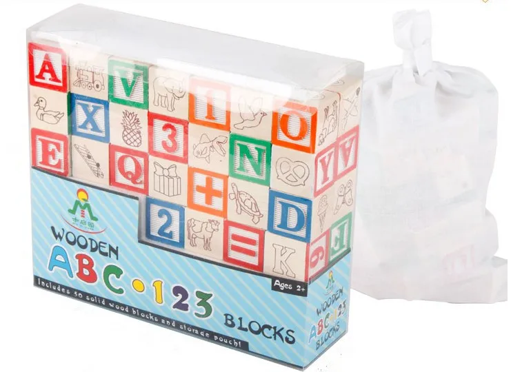 Детские игрушки ABC/123 деревянный кубик, фигурные блоки, Обучающие Игрушки для раннего развития, 50 шт., алфавит, строительные блоки, мешочек, рождественский подарок