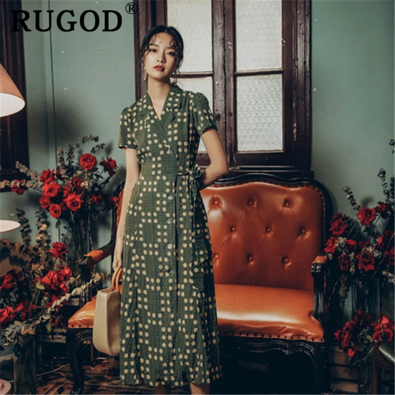 

RUGOD Vintage Office Ladies Women Dress Elegance Long Maxi Green Dresses Vestidos Summer Party Dresses 2020