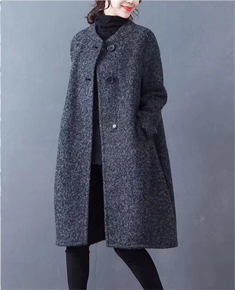 Dark gray Высокое качество, шерстяное Женское пальто, Осень-зима, Круглый ворот, плащ, пальто для женщин, плюс размер, ватные, шерстяные куртки OKXGNZ 2635 - Цвет: Dark gray