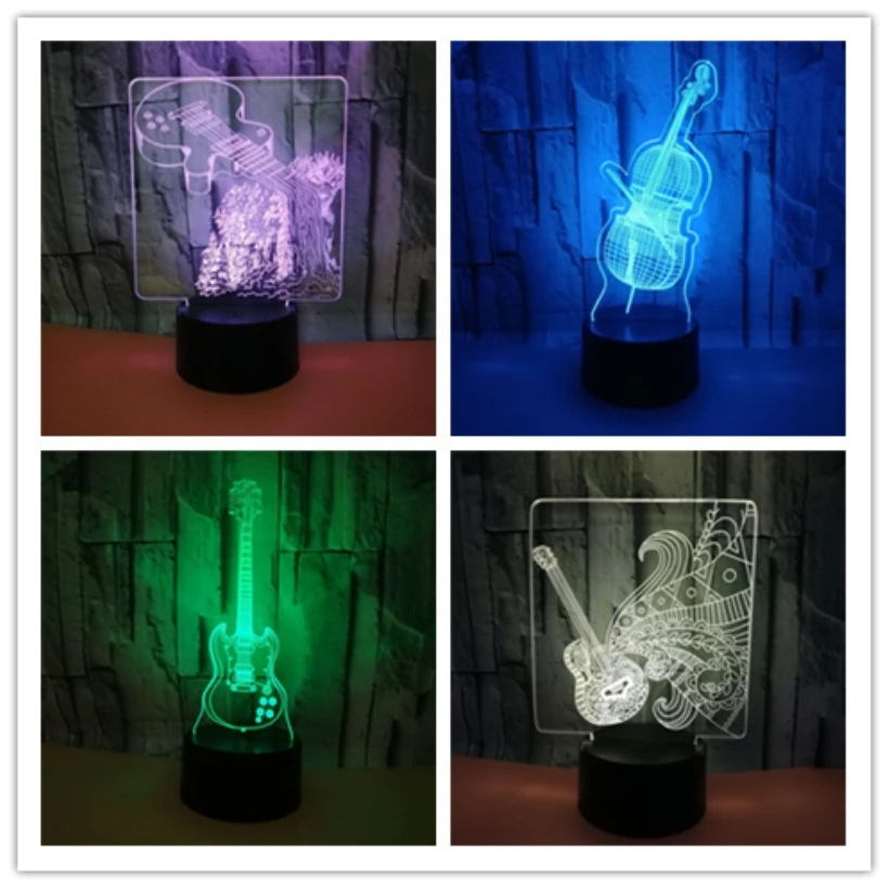 Креативный светодиодный ночник для музыкальной гитары бас 3D 7 цветов сменная