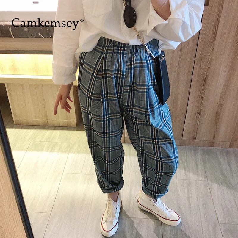 CamKemsey японский Харадзюку повседневные штаны-шаровары для женщин Весна Осень эластичная высокая талия винтажная клетчатая длина лодыжки брюки