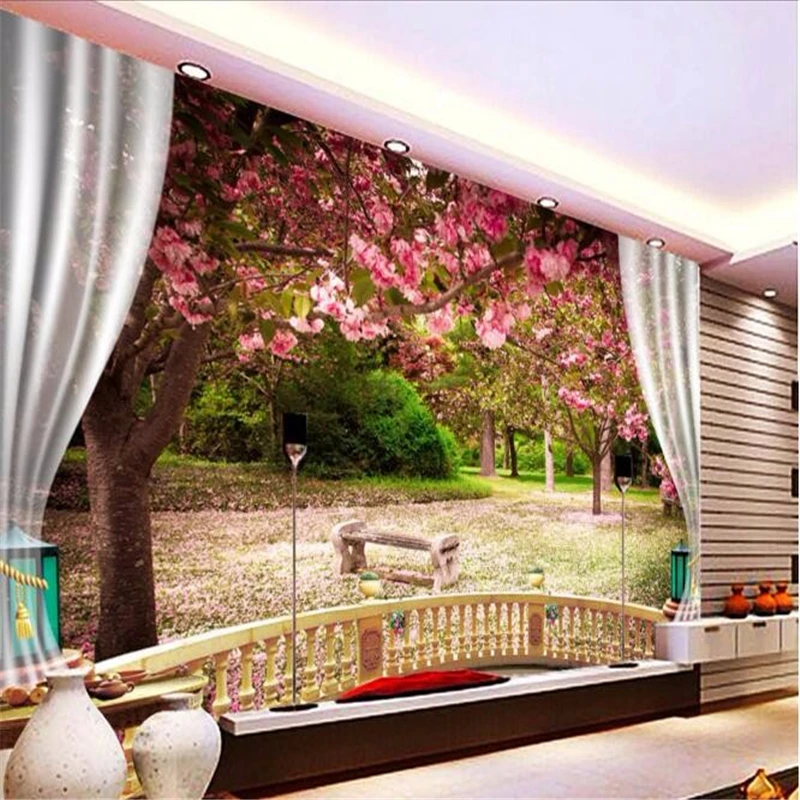 

beibehang custom mural balcony forest blossom falls painting photo mural wallpaper for walls 3 d papel de parede para sala estar