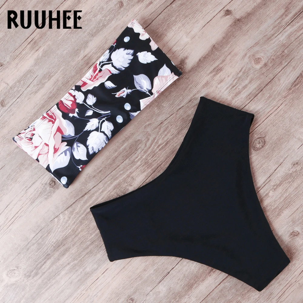 RUUHEE, бикини,, купальник, женский, с принтом, высокая талия, бикини, набор, без бретелек, бандо, купальник, женская пляжная одежда, бикини