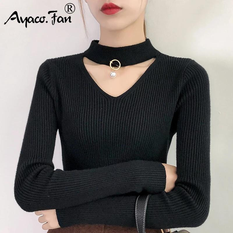 Sexy Halter V-Neck Bodycon Sweater 2018 Autumn Winter New Cute Solid Beading Slim Lady Pullovers Female Knitted Thick | Женская одежда