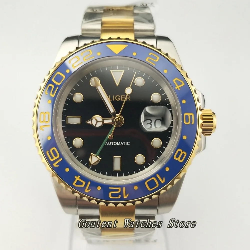 40 мм Bliger GMT Silver SS. Желтый золотой чехол браслет черный циферблат сталь