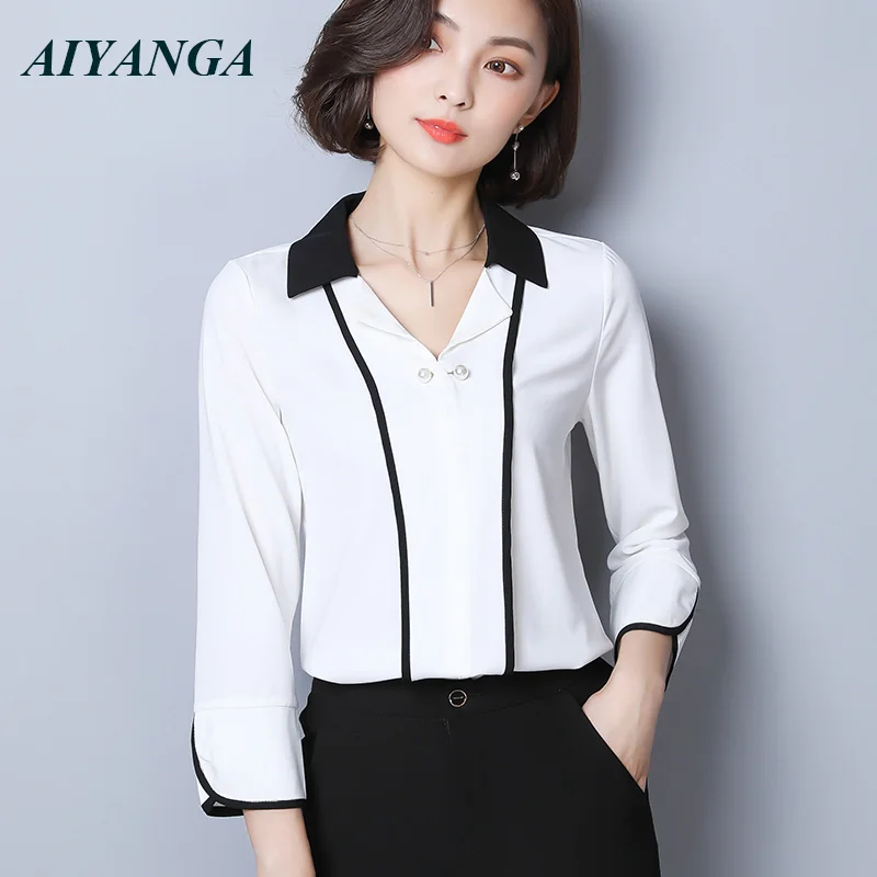 

New OL Chiffon Blouses Women White Shirts 2018 Autumn V Neck Female Elegant Blouse Slim Office Lady Tops S/M/L/XL/2XL