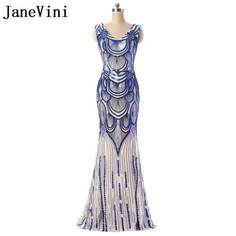 

JaneVini Luxury Blue Sequined Mother Of The Bride Dresses Mermaid V-Neck Sexy Long Formal Party Dress Abiti Mamma Della Sposa