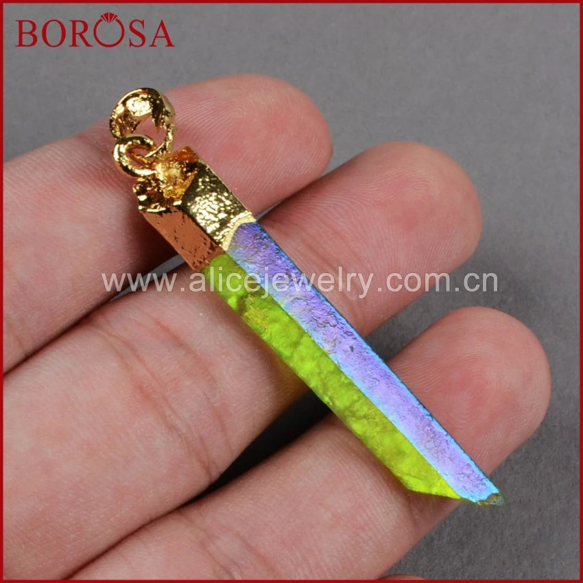 

BOROSA New Aura Crystal Pendants, Gold Color Druzy Pendants Green Titanium AB Color Aura Quartz Crystal Point Pendant G0360-2