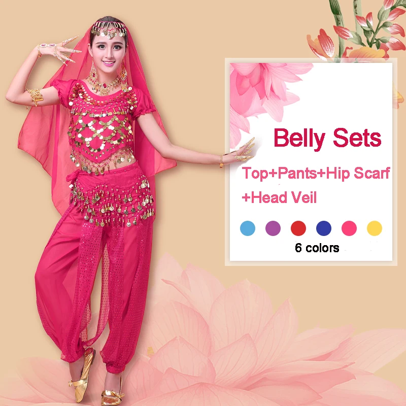 

Hot Sale New Short Sleeve Belly Dance Set Indian Bollywood Belly Dance Costumes Women For Training Clothes Top&Pants&Scarf&Veil