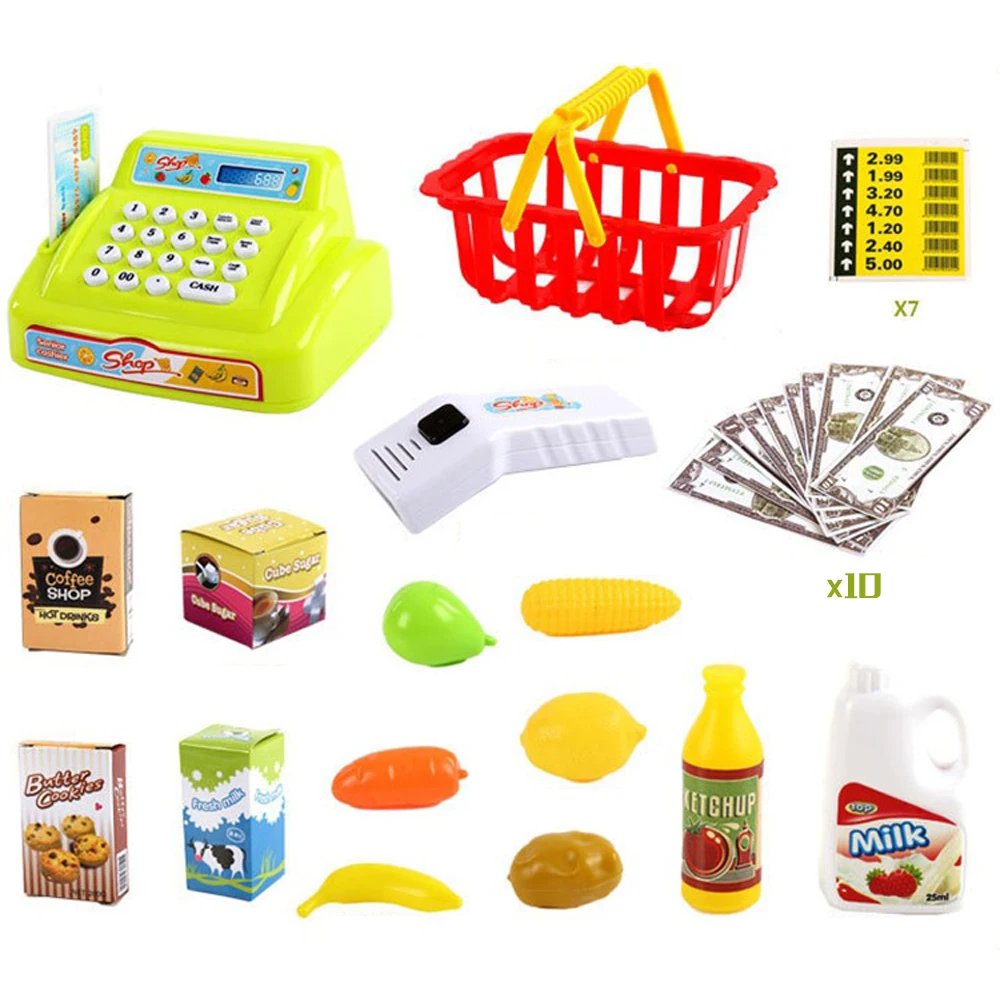 Дети супермаркет кассовый электронные игрушки с пищевыми продуктами корзина