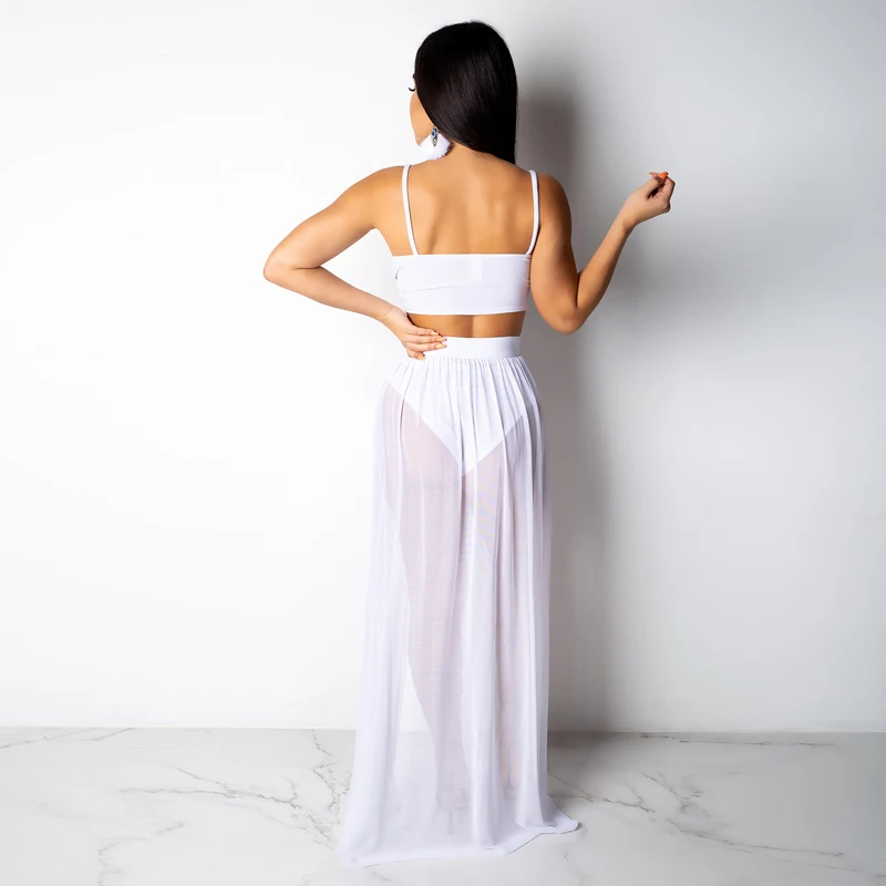 Женский комплект из двух предметов пляжный однотонный шифоновый топ и юбка