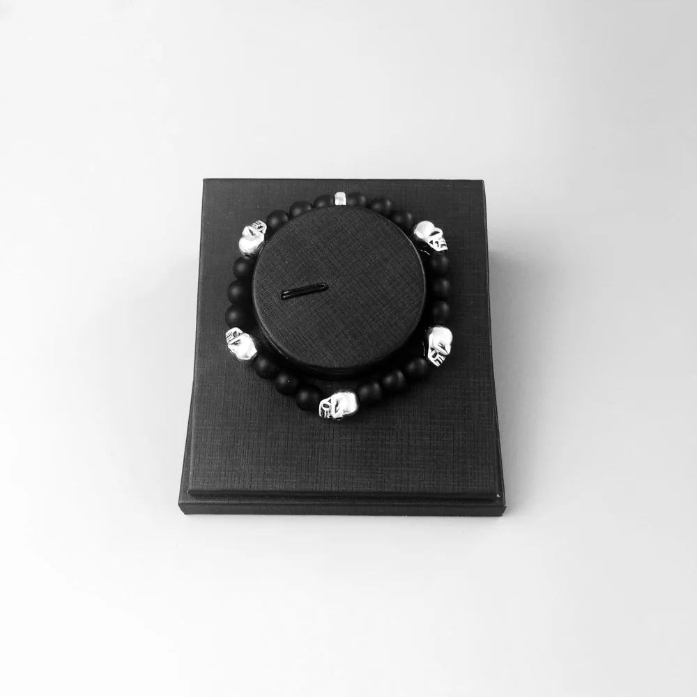 Bracelet Strand with 5 Skulls Obsidian Beads 2018 New Blackened Silver Fashion Jewelry Punk Gift for Men Boy Women Girls | Украшения и