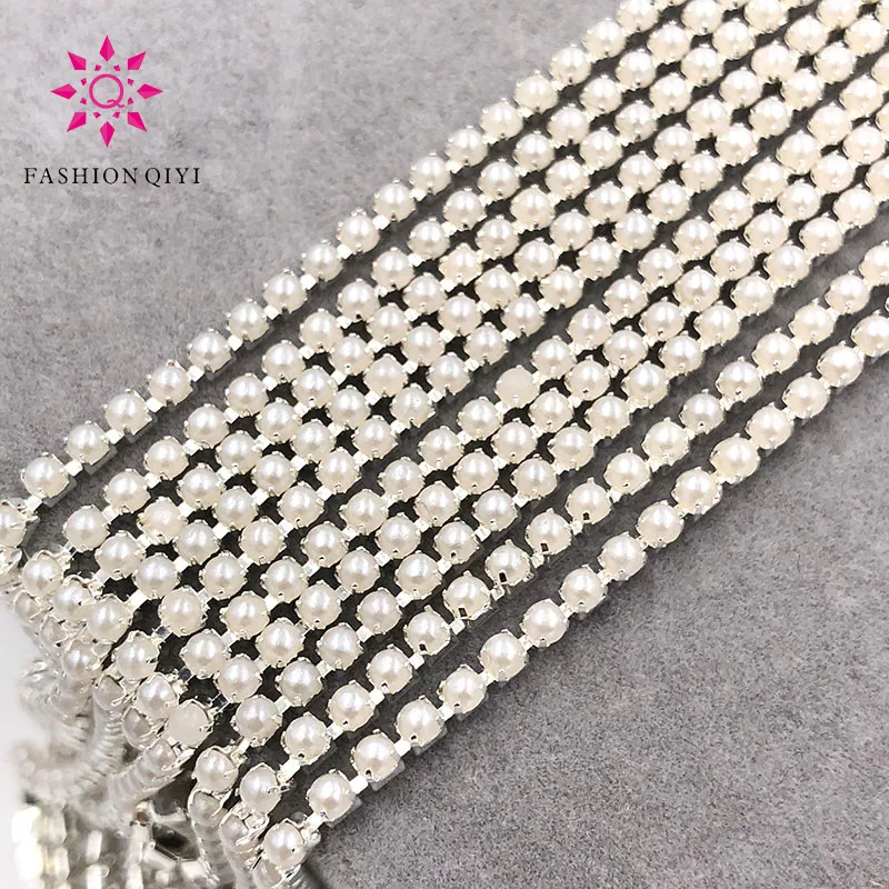 

Free shipping 5 yards 2mm Sliver base White Imitation pearls with claw sew on cup chain diy wedding clothing accessories