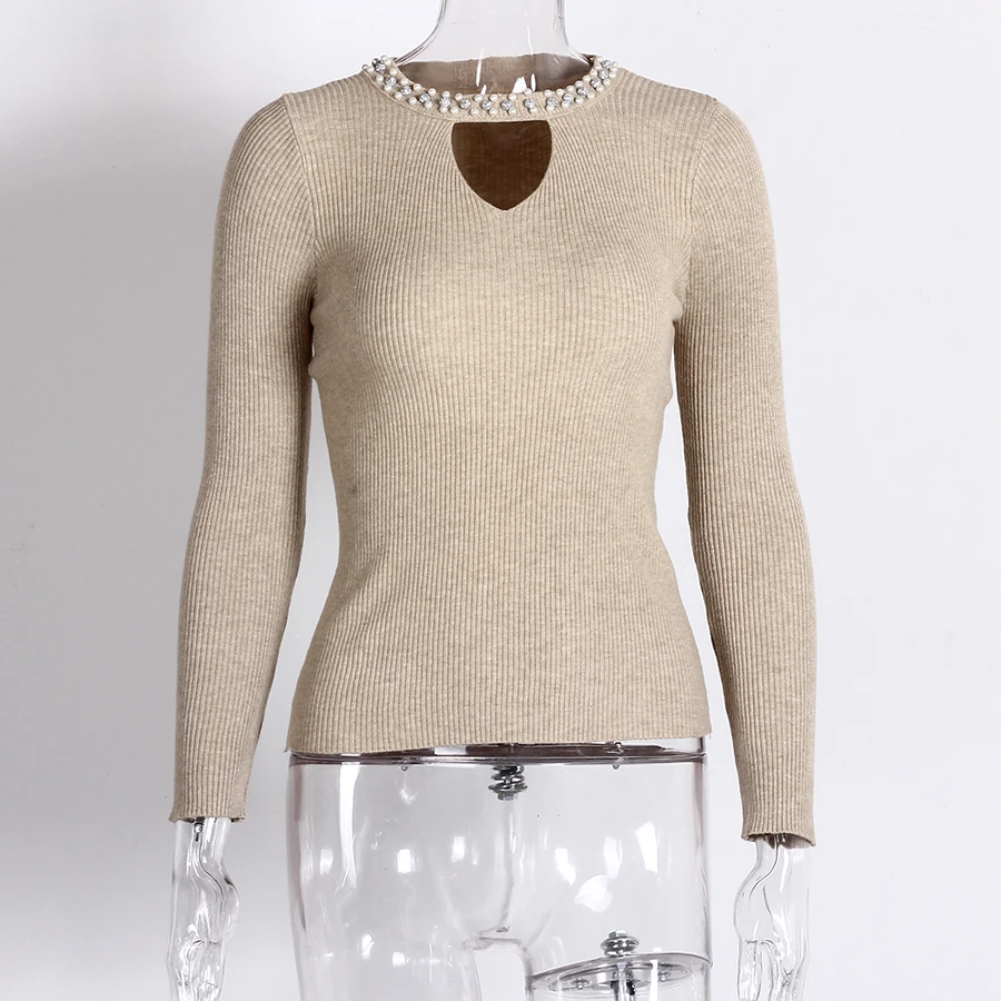 Pearl Sweaters Fashion 2018 Women Hollow Out Long Sleeve Knitted Sweater Pullover Jumper Beading Basic Top Autumn | Женская одежда