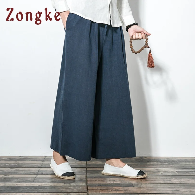 Zongke, китайский стиль, свободные широкие брюки, мужские штаны для бега, Японская уличная одежда, льняные брюки, мужские брюки XXL, Мужские штаны для бега, новинка