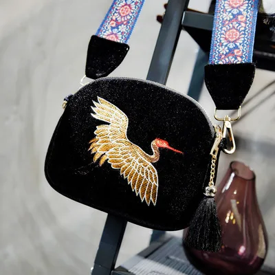 2107 Вышивка сумка Этническая кран вышитые сумки бархат Богемия плеча Crossbody Мини