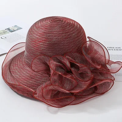 wine red Ymsaid, винтажная пряжа, церковная шляпа для женщин, летняя мода, большой цветок, органза, защита от солнца, шляпа, элегантная, Федора, свадьба, пляж, Chapeu Feminino - Цвет: wine red