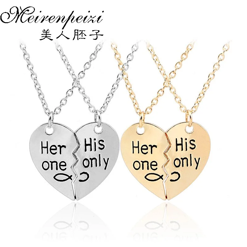 

2Pc/set 'Her one His Only' New Valentine's Day Fashion Lettering Necklace Broken Heart Couple Pendant Necklaces For Lovers Gift