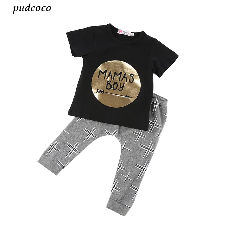 Baby Boys Summer Casual cotton Clothes Black Letter T-shirt Tops Toddler Gray Print Long Harem Pants Outfits |