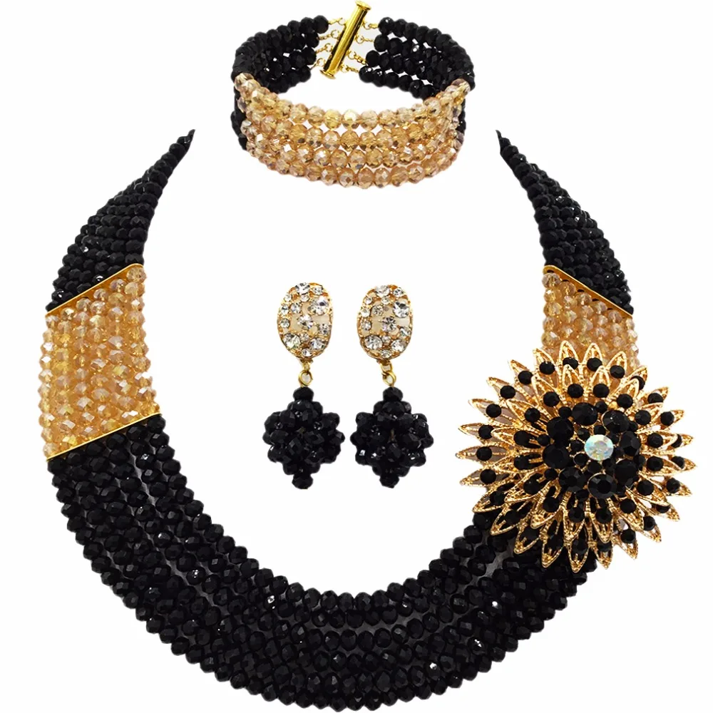 

Fashion Black Gold AB Multi Strands Beads Necklace Sets Nigerian Wedding African Beads Jewelry Set Crystal 6-SS02