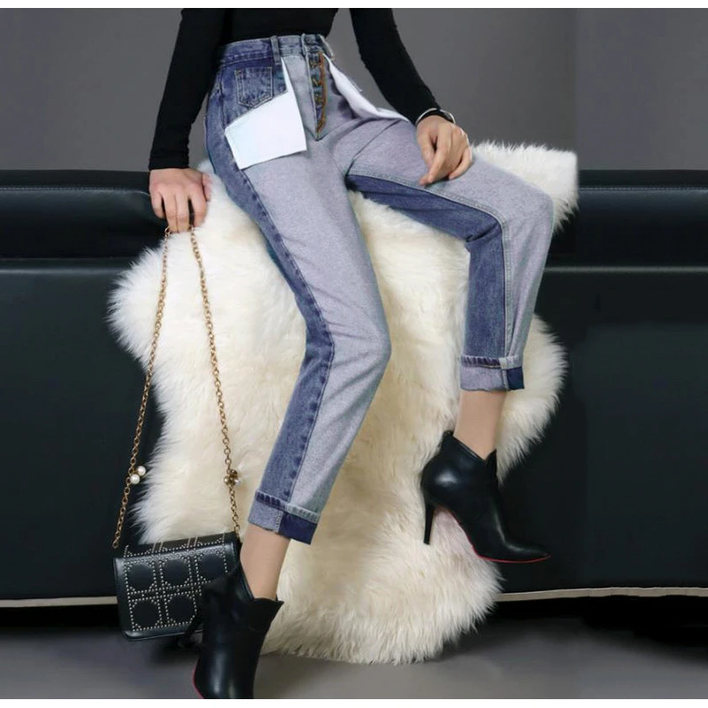 NLW NEW Women Casual High Waist Jeans Casual High Street Jeans Female Stylish Spliced Fake Pocket Long Pants Capris
