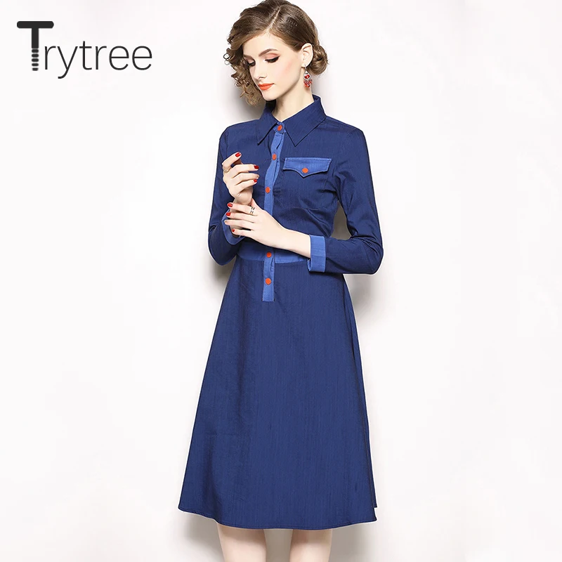 Trytree/весенне летнее платье повседневное ТРАПЕЦИЕВИДНОЕ женское синее однотонное
