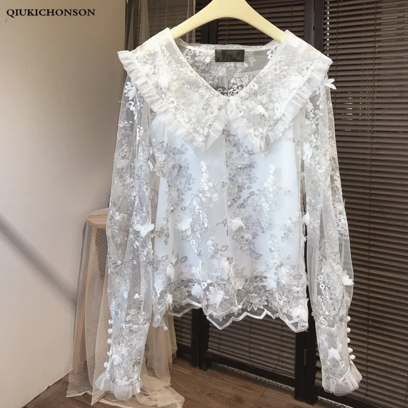 White Lace Blouse Women Kawaii Frill Peter pan Collar 3D Three-dimensional Appliques Embroidery Lace Top Summer Sheer Lace Shirt