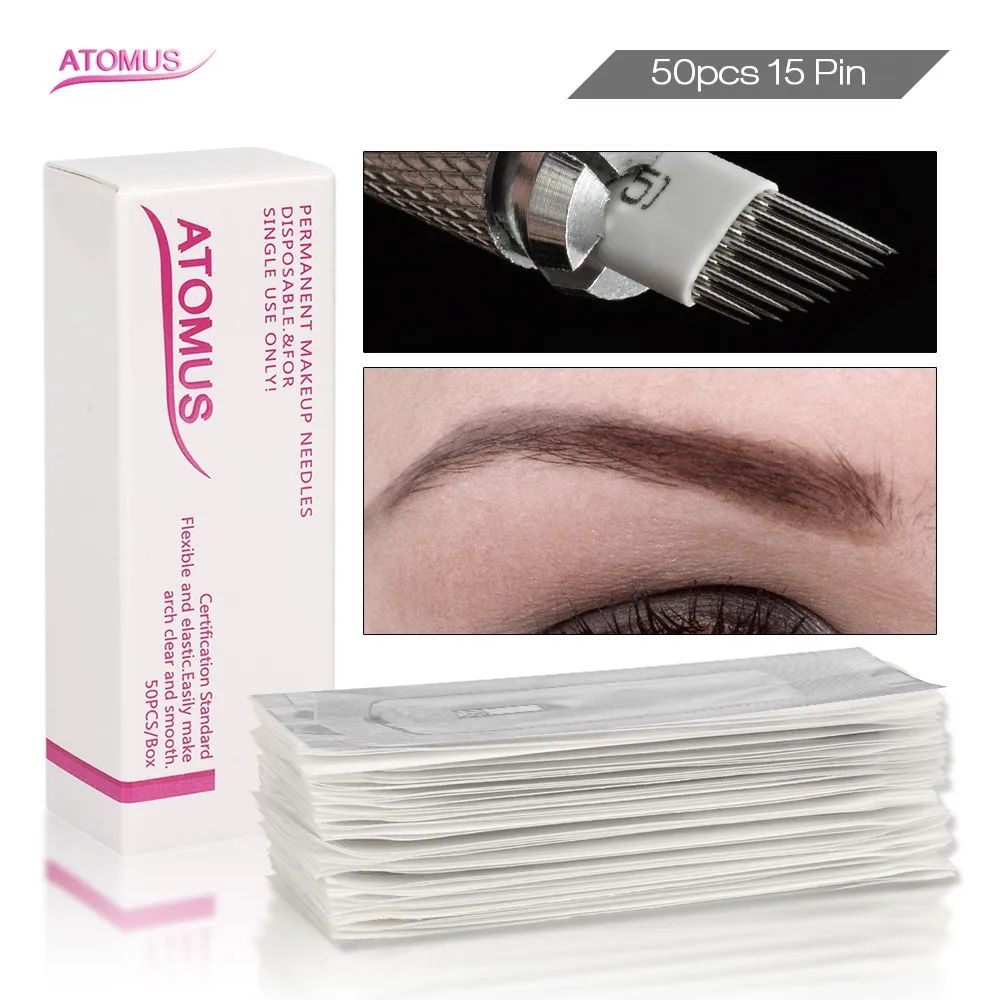 

50PCS 15 Pins Double Rows Larger Curve Permanent Makeup Eyebrow Tattoo Needles Microblading For 3D Embroidery Manual Tattoo