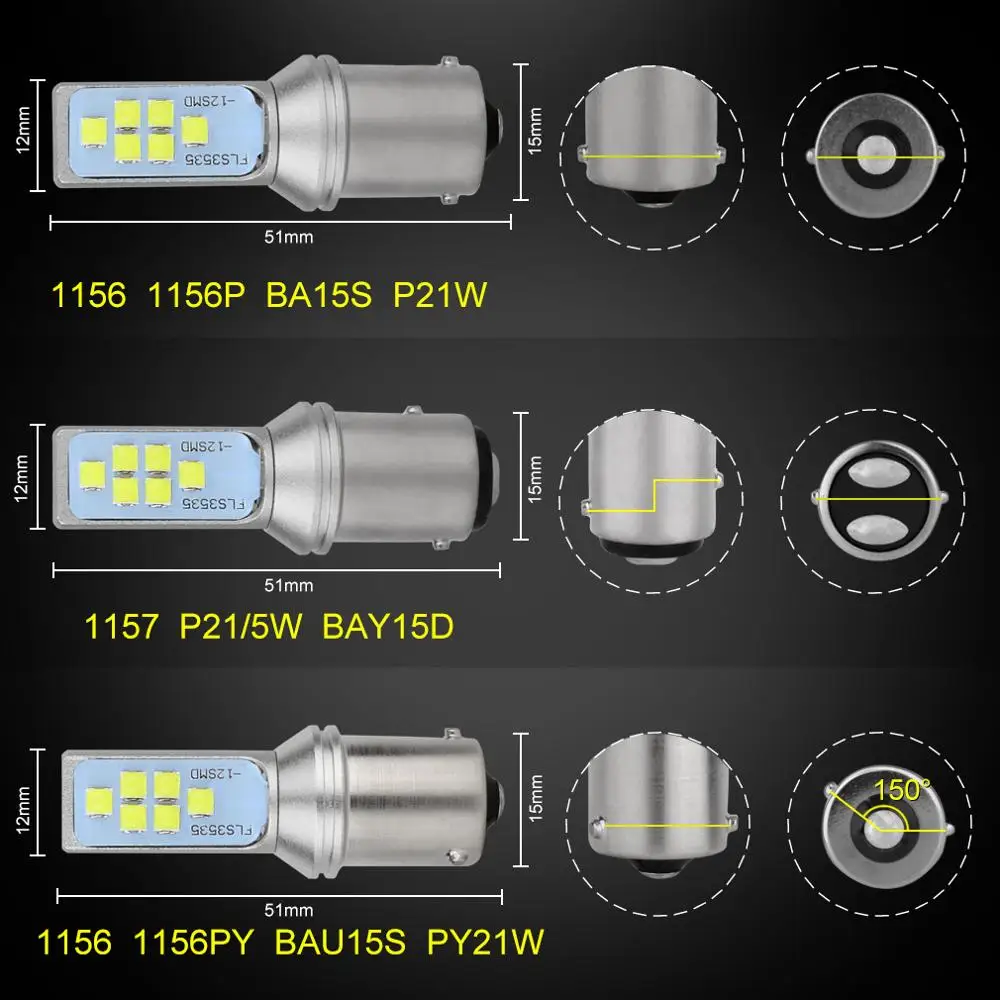 Светодиодный фонарь BA15S P21W 2 шт. 1156 BAU15S PY21W 1157 BAY15D P21/5 Вт светодиодный R5W 12SMD