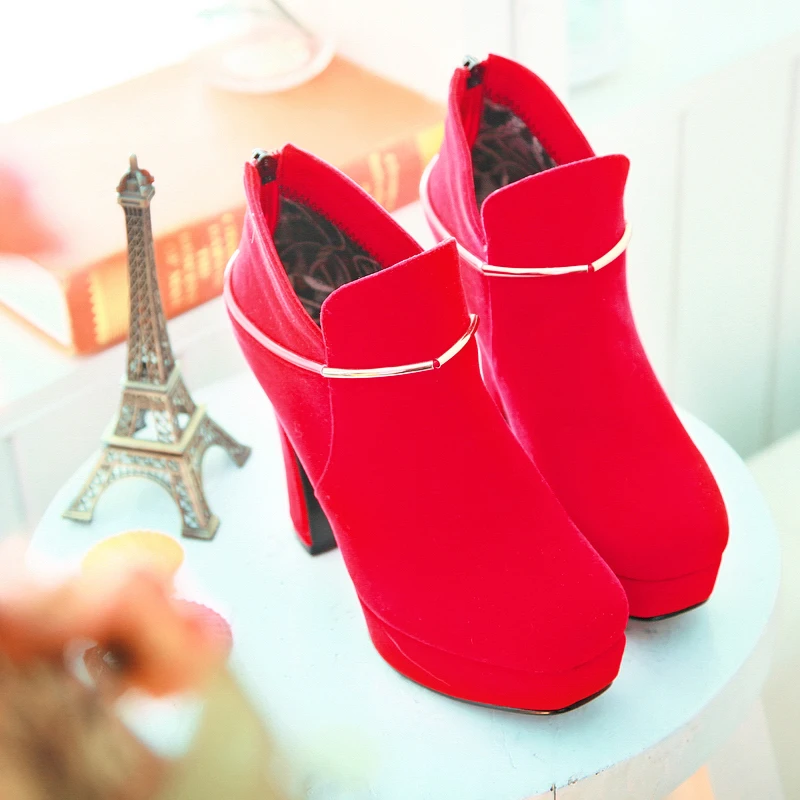 New 2014 Top quality fashion warm Autumn Women Boots naked boots Flock ankle metal decoration Zip 11cm/3cm black/red EU34-39 | Обувь