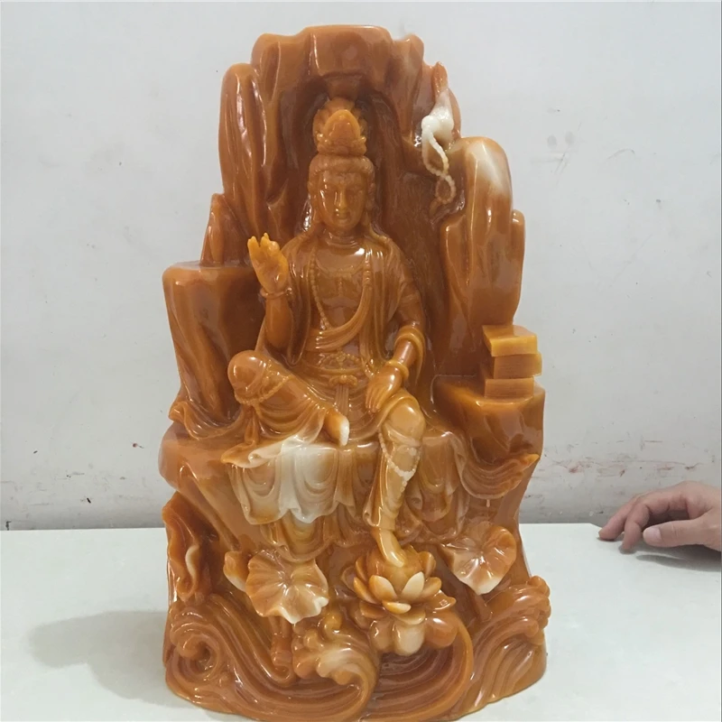 

47cm Large Huge- high-grade HOME family efficacious Talisman Mascot Guan yin Buddha Natural yellow jade carving Sculpture statue