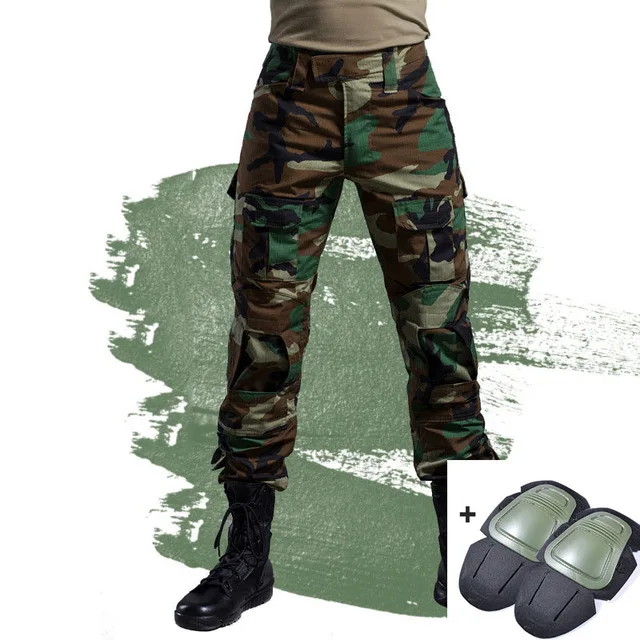 With knee pads Тактические штаны Военные Брюки карго Мужские наколенники спецназ армейская страйкбольная камуфляжная одежда Охотник полевые боевые брюки Лесной - Color: With knee pads