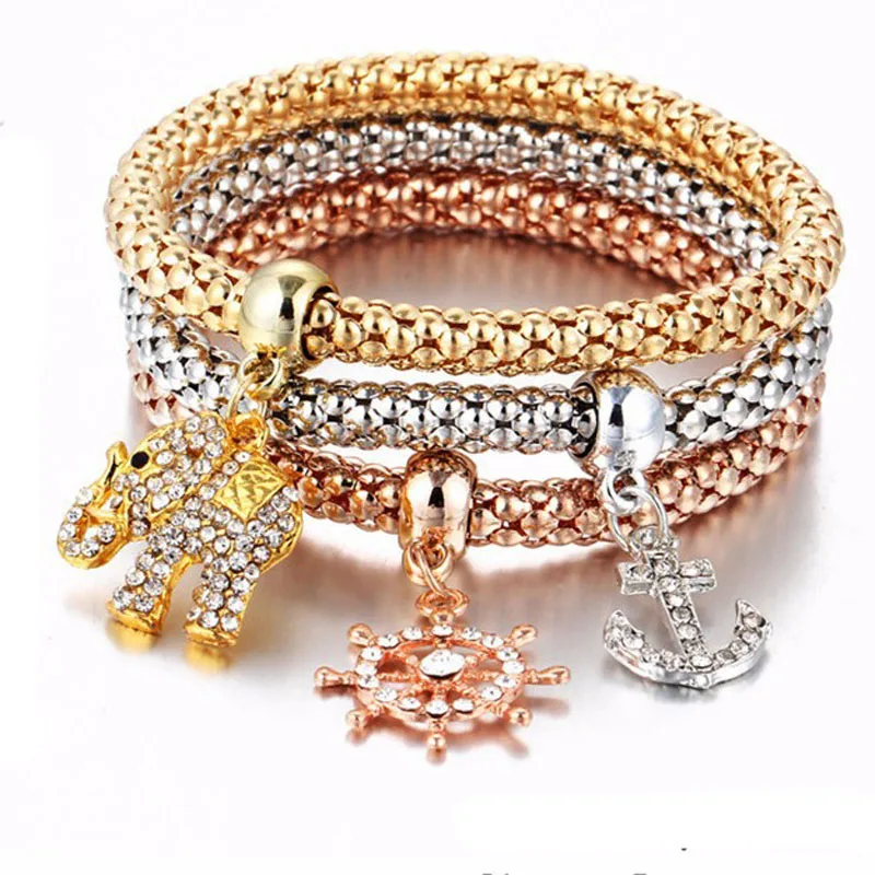 Урожай Золото/Серебро Platd Шарм Браслеты Для Женщин 3 шт. Якорь Слон Бусы и