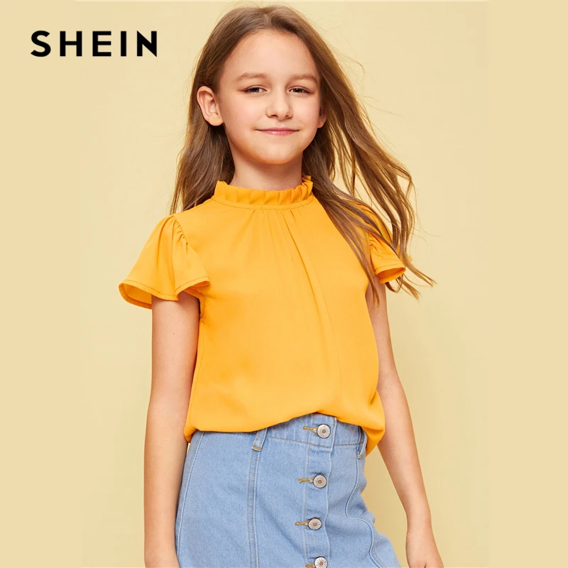 SHEIN детский для девочек имбирь твердых со стоячим воротником жабо милая блузка детская одежда с оборками рукавом гофрированное, с пуговицами сзади Топы