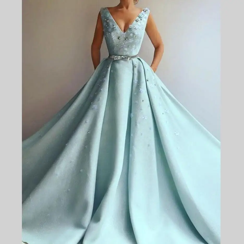 

Sky Blue Muslim Evening Dresses V-Neck Detachable Train Crystal Beads Flowers Belt Wedding Party Dresses Robe De Soiree