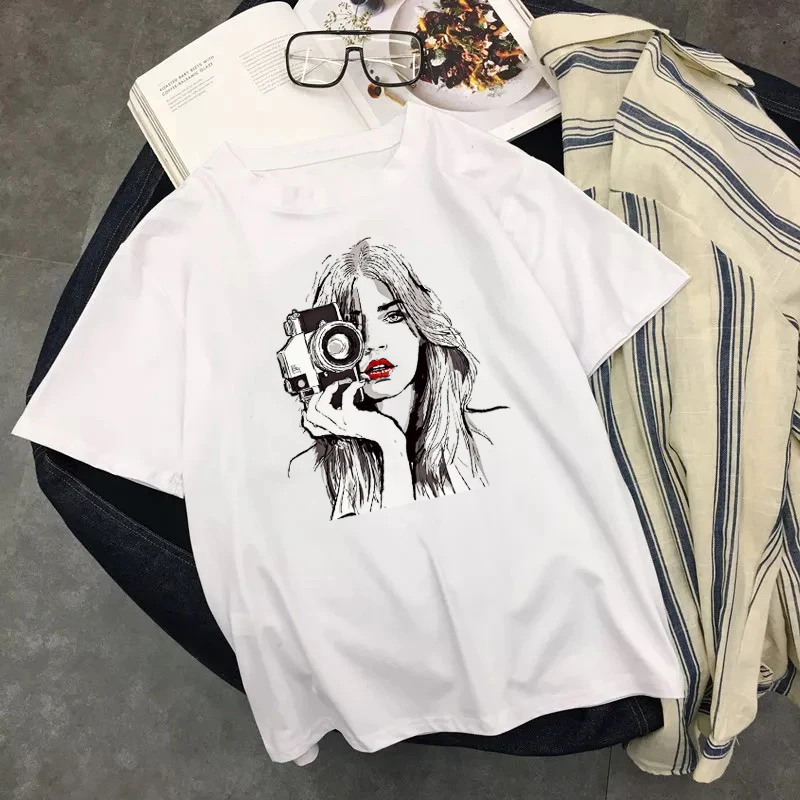 

Camera Girl Harajuku T Shirt Women Summer Take Photo Camiseta Mujer Ulzzang Tops Graphic Tee Shirt Femme Plus Size Streetwear