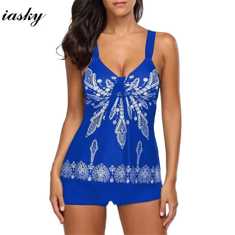 

IASKY 2019 New Plus Size Tankini set Retro print Women Swimwear Two Piece Swimsuit Swimming Dress Bathing Suit S--5XL