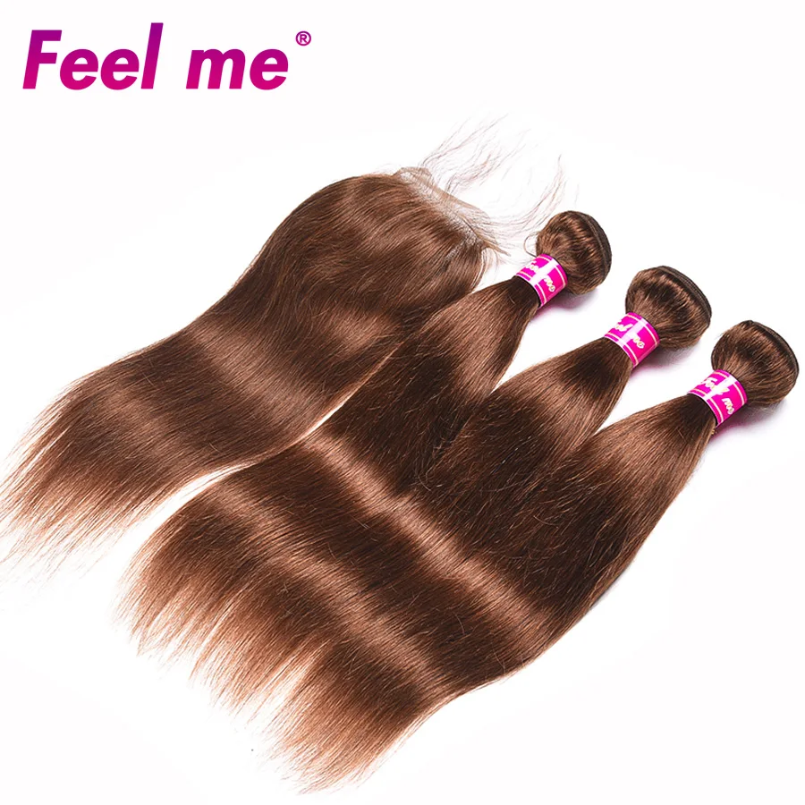 FEEL ME Pre-colored Raw Indian Hair 3 Bundles with Closure #4 Ombre Med Brown Straight Human Weaves | Шиньоны и парики