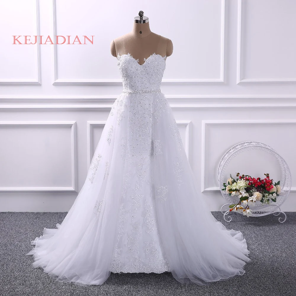 

Dreamy Design Lace Appliques Mermaid Wedding Dress Sweetheart Sexy Backless Bride Dress With Removable Train Skirt Custom made