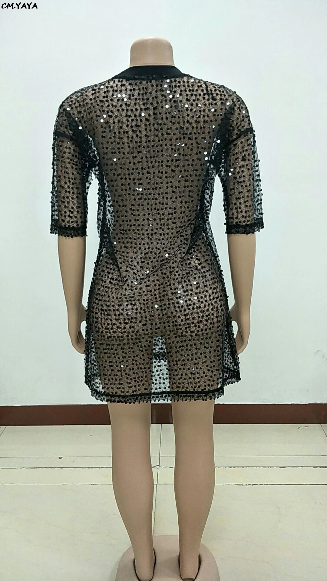 Новинка 2019 женское Сетчатое платье с блестками и рукавом до локтя прозрачное